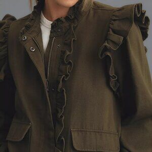 Anthropologie Dolan Olive Green Ruffled Utility Jacket, Zip & Snap Closure, 3X